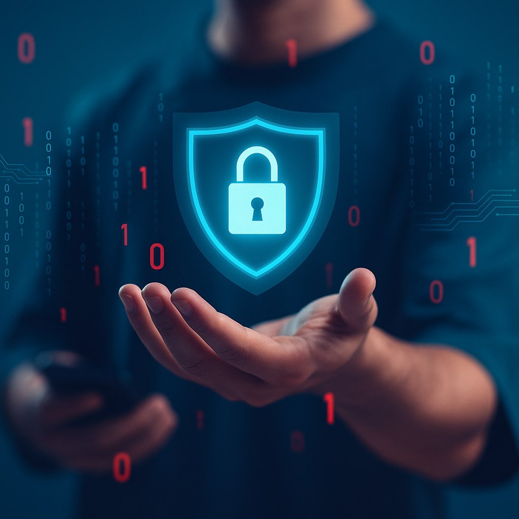 Eine Hand hält ein Digitales Schutzschild mit Schloss Eine Hand hält ein Digitales Schutzschild mit Schloss