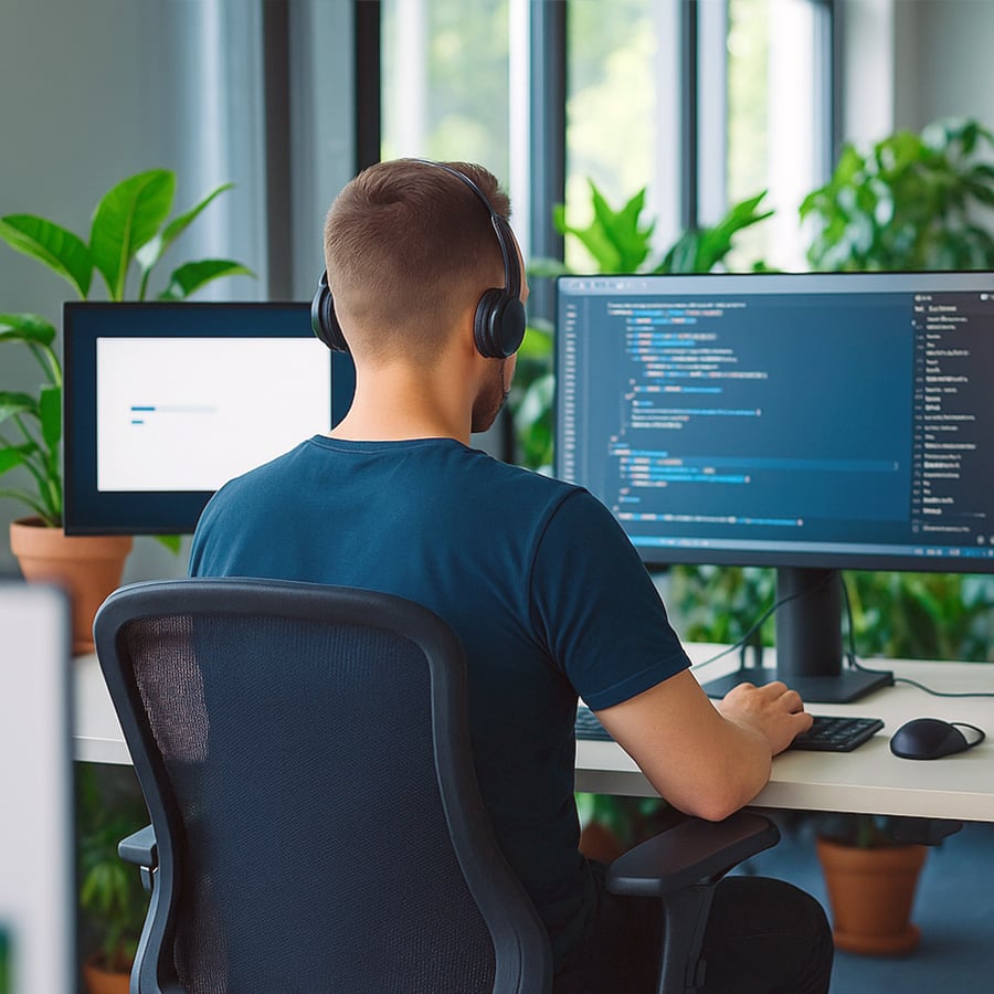 Mann sitzt vor Computer und arbeitet an Softwareentwicklung Mann sitzt vor Computer und arbeitet an Softwareentwicklung