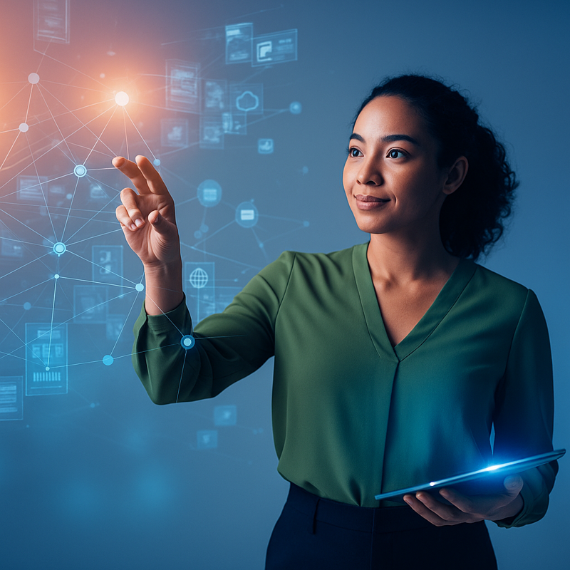 Eine Frau steht vor einem digitalen Interface mit leuchtenden Netzwerken und Symbolen. Sie berührt ein holografisches Element und hält ein Tablet. Das Bild symbolisiert digitale Transformation, Prozessdigitalisierung und moderne Technologien.