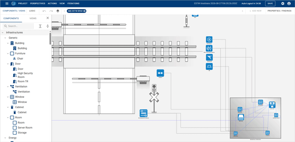 Man sieht ein kurzes Video aus der Risikomanagement Plattform SECIRA. Im Digitalen Zwilling wird ein Angriffsbaum zur Analyse geöffnet.
