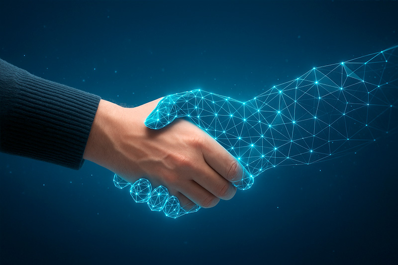 Händeschütteln von menschlicher Hand und digitaler Hand Händeschütteln von menschlicher Hand und digitaler Hand