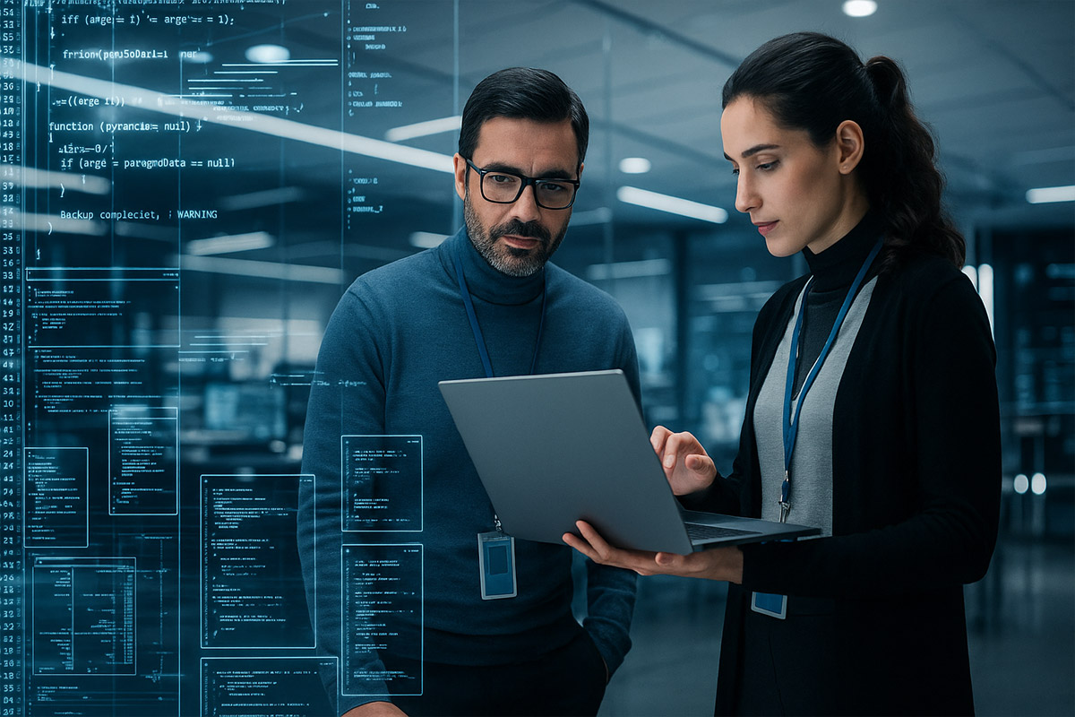 Ein Mann sieht einer Frau vor einer digitalen Wand beim tippen auf einem Laptop zu. Die Szene ist futuristisch. Sie beraten sich zum Requirements Engineering. Ein Mann sieht einer Frau vor einer digitalen Wand beim tippen auf einem Laptop zu. Die Szene ist futuristisch. Sie beraten sich zum Requirements Engineering.