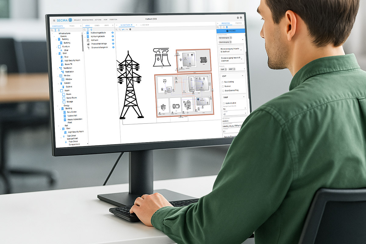 Ein Mann modelliert am Computer einen DIgitalen Zwilling eines Stadtwerks Ein Mann modelliert am Computer einen DIgitalen Zwilling eines Stadtwerks