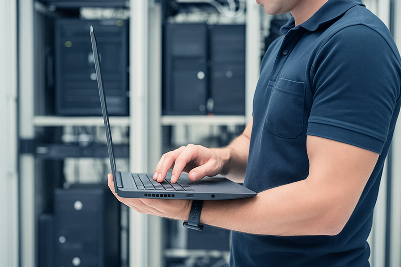 Mann steht in Serverraum und tippt auf Laptop Mann steht in Serverraum und tippt auf Laptop