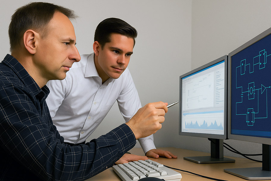 Wei Männer beraten sich vor dem Computer zur Systementwicklung Wei Männer beraten sich vor dem Computer zur Systementwicklung