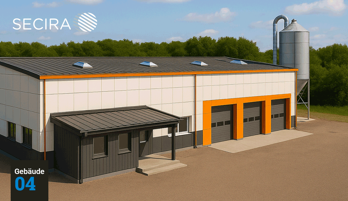 Bewegendes Bild von Industriegebäude und Digitalem Zwilling und Risikomatrix von SECIRA